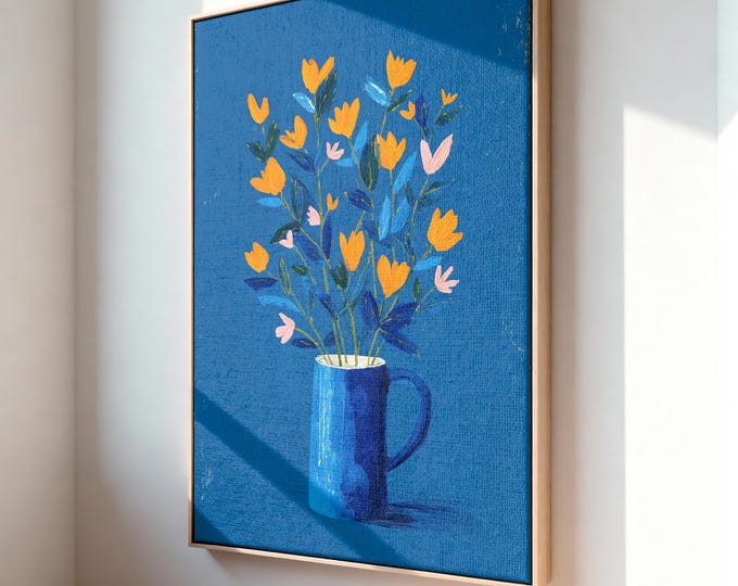 Yellow Flowers in Blue Vase Oil Painting Print, Colorful Botanical Wall Art, Rustic Farmhouse Decor, Eclectic Floral Framed Canvas