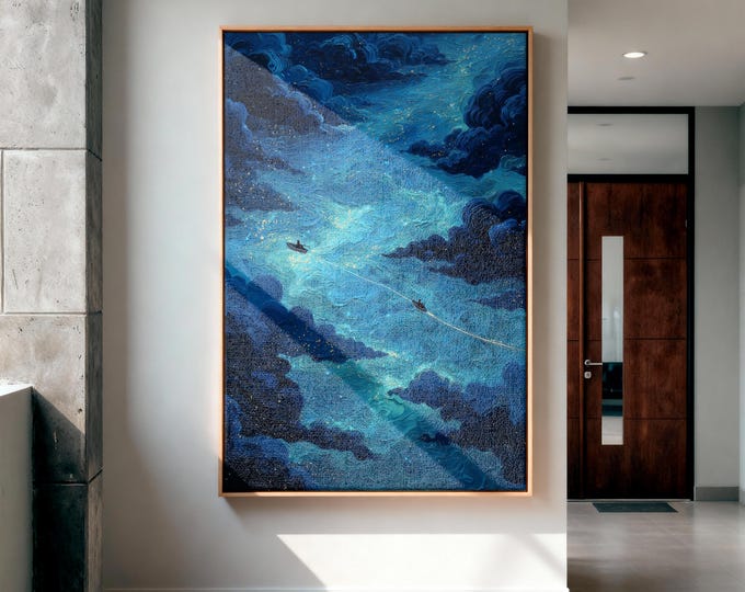 Bioluminescent Kayak Wall Art, Glowing Blue Water Painting, Starry Night Canoe Print, Magical River Art, Mystical Ocean Room Decor