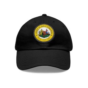 May include: Black baseball cap with a yellow embroidered patch featuring the State of West Virginia seal. The seal depicts a farmer and a miner standing on a mountain with the words "State of West Virginia" and "Montani Semper Liberi" around the edge.