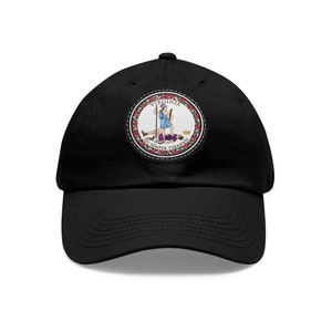 May include: A black baseball cap with a white and red embroidered patch featuring the Virginia state seal. The seal depicts a woman holding a spear and a man lying on the ground. The text "SIC SEMPER TYRANNIS" is written around the seal.