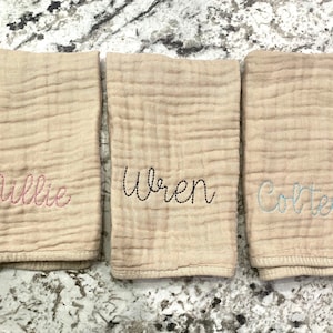 Muslin Personalized Burp Cloths // Custom Embroidered Burp Rag Set // Baby Shower Gift // Coming Home // Baby Gift With Name // Hand Stitch image 1
