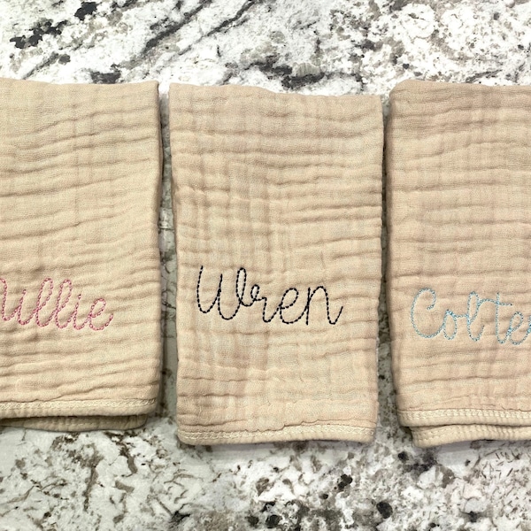 Muslin Personalized Burp Cloths // Custom Embroidered Burp Rag Set // Baby Shower Gift // Coming Home // Baby Gift With Name // Hand Stitch