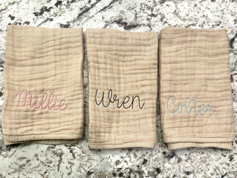 Muslin Personalized Burp Cloths // Custom Embroidered Burp Rag Set // Baby Shower Gift // Coming Home // Baby Gift With Name // Hand Stitch image 1