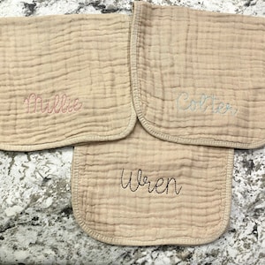 Muslin Personalized Burp Cloths // Custom Embroidered Burp Rag Set // Baby Shower Gift // Coming Home // Baby Gift With Name // Hand Stitch image 2