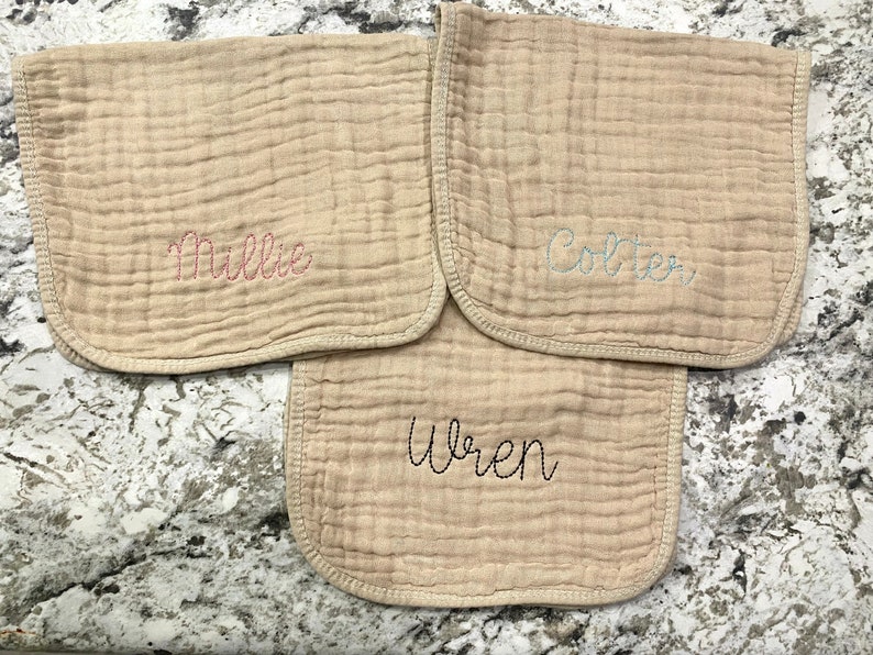 Muslin Personalized Burp Cloths // Custom Embroidered Burp Rag Set // Baby Shower Gift // Coming Home // Baby Gift With Name // Hand Stitch image 2