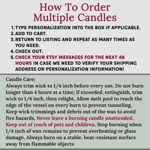 May include: A white background with text in a burgundy font. The text reads "How To Order Multiple Candles" and provides instructions on ordering and candle care. The instructions include how to personalize, add to cart, and check out.
