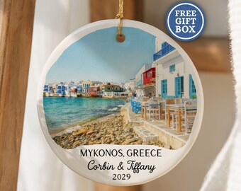 Custom Mykonos Greece Christmas Ornament Personalized Travel Souvenir Honeymoon Bachelorette Party Vacation Keepsake Gift Mykonos Trip O263
