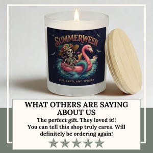 May include: A lit candle in a frosted glass jar with a wooden lid. The jar features a "Summerween" label with a skeleton on a flamingo float. The text "Sun, Sand, and Spooky" is also on the label.
