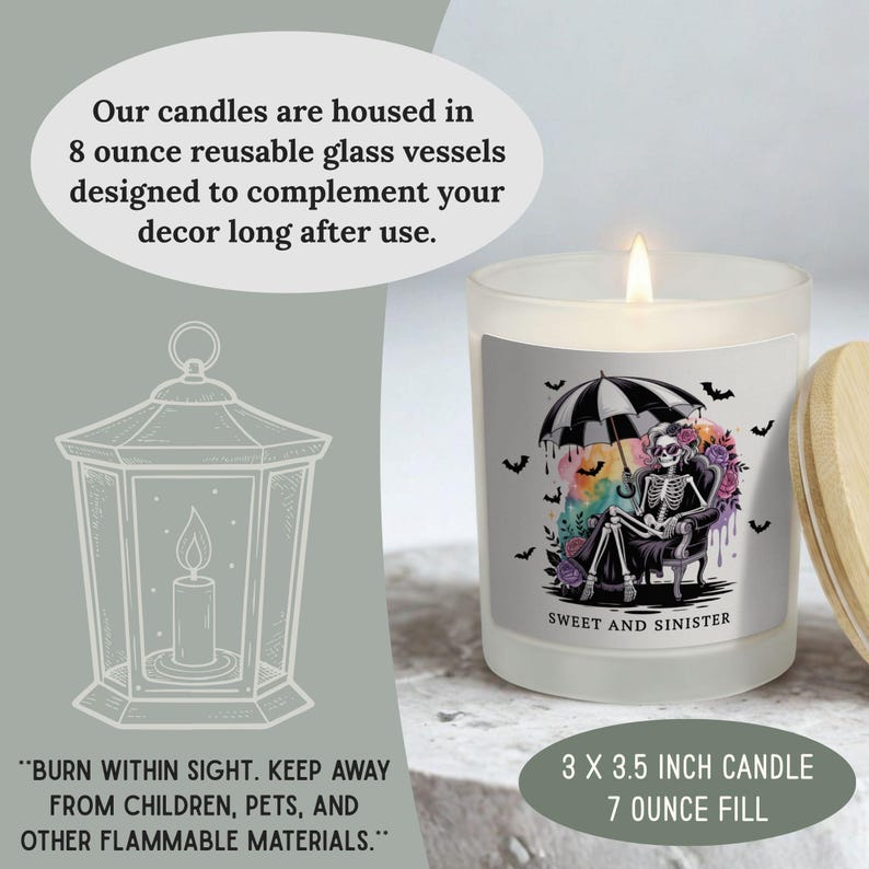 May include: A lit, frosted glass candle with a wooden lid. The candle features a label with a skeleton under an umbrella, surrounded by bats and flowers. The text "Sweet and Sinister" is visible.