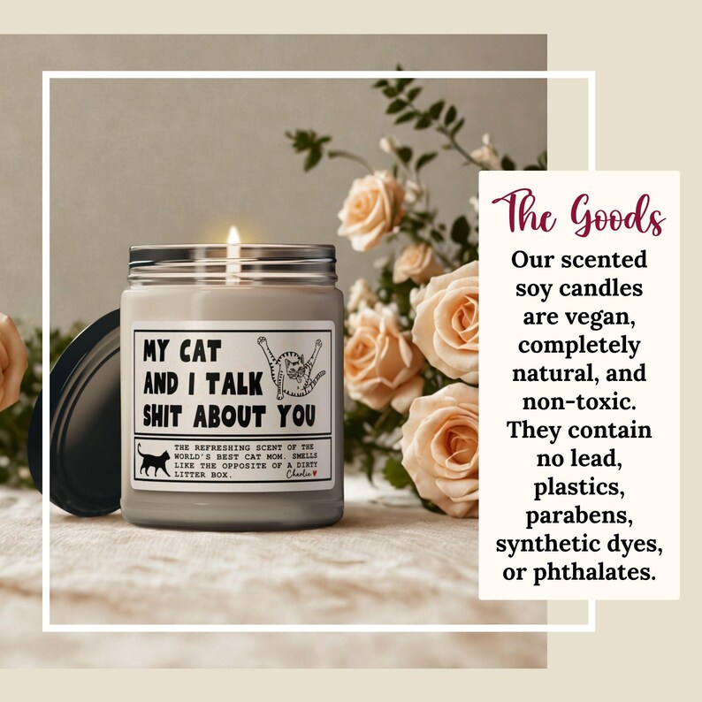 Puede incluir: Una vela de soja gris encendida en un tarro de cristal con tapa negra. La etiqueta dice "MY CAT AND I TALK SHIT ABOUT YOU" con una ilustraci&oacute;n de gato. El fondo presenta rosas melocot&oacute;n y texto sobre los ingredientes.