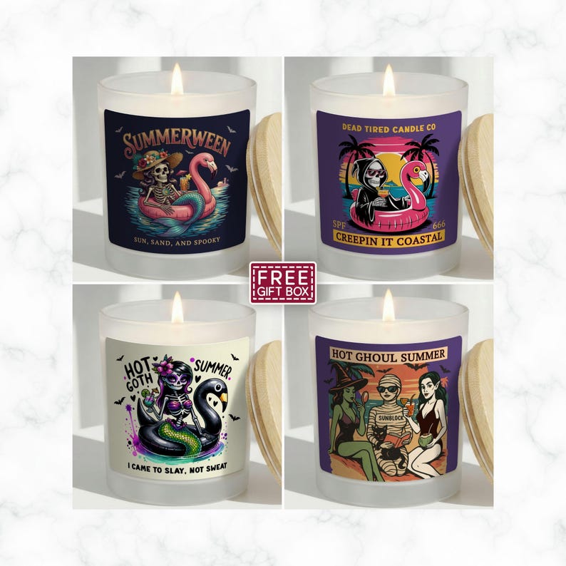 May include: Four glass candles with spooky summer-themed designs. One candle reads "Summerween" with a skeleton on a flamingo float. Another says "Dead Tired Candle Co" with a grim reaper. The third says "Hot Goth Summer". The last says "Hot Ghoul Summer".