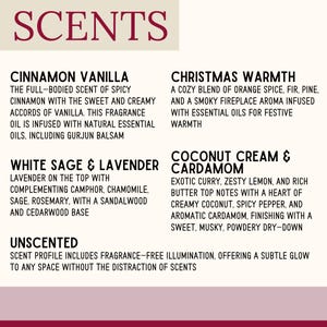 Puede incluir: Una tarjeta de descripci&oacute;n del producto con la palabra "SCENTS" en la parte superior. Debajo, descripciones de varios perfiles de fragancias, incluyendo Canela Vainilla, Calidez Navide&ntilde;a, Salvia Blanca & Lavanda, Crema de Coco & Cardamomo y Sin Perfume.