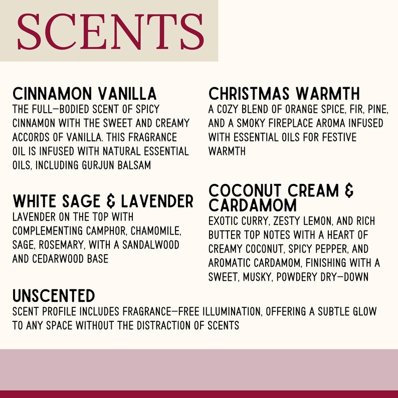 Puede incluir: Una tarjeta de descripci&oacute;n del producto con la palabra "SCENTS" en la parte superior. Debajo, descripciones de varios perfiles de fragancias, incluyendo Canela Vainilla, Calidez Navide&ntilde;a, Salvia Blanca & Lavanda, Crema de Coco & Cardamomo y Sin Perfume.
