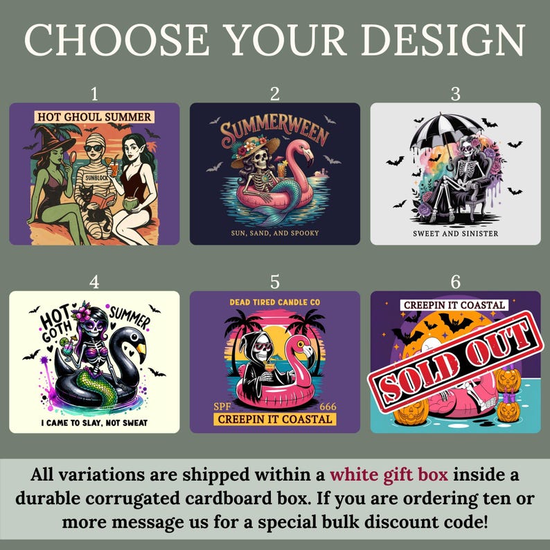 May include: A selection of six spooky summer-themed designs, each featuring unique illustrations with text. Designs include skeletons, bats, and beach elements. The text includes phrases like "Hot Ghoul Summer" and "Summerween".
