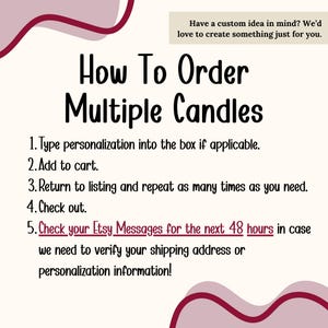 Puede incluir: Gr&aacute;fico color crema con detalles burdeos y texto que dice "C&oacute;mo pedir varias velas". Las instrucciones incluyen escribir la personalizaci&oacute;n, agregar al carrito y revisar los mensajes de Etsy dentro de las 48 horas.