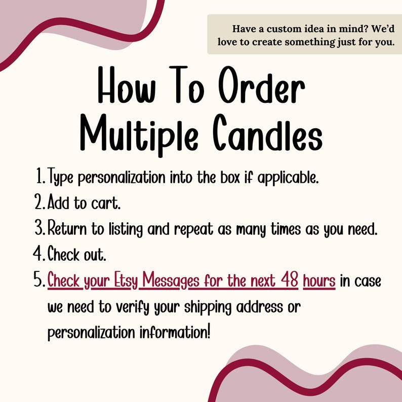 Puede incluir: Gr&aacute;fico color crema con detalles burdeos y texto que dice "C&oacute;mo pedir varias velas". Las instrucciones incluyen escribir la personalizaci&oacute;n, agregar al carrito y revisar los mensajes de Etsy dentro de las 48 horas.