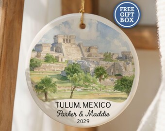 Custom Tulum Mexico Christmas Ornament Personalized Travel Souvenir Honeymoon Bachelorette Party Vacation Keepsake Tulum Mayan Ruins O266