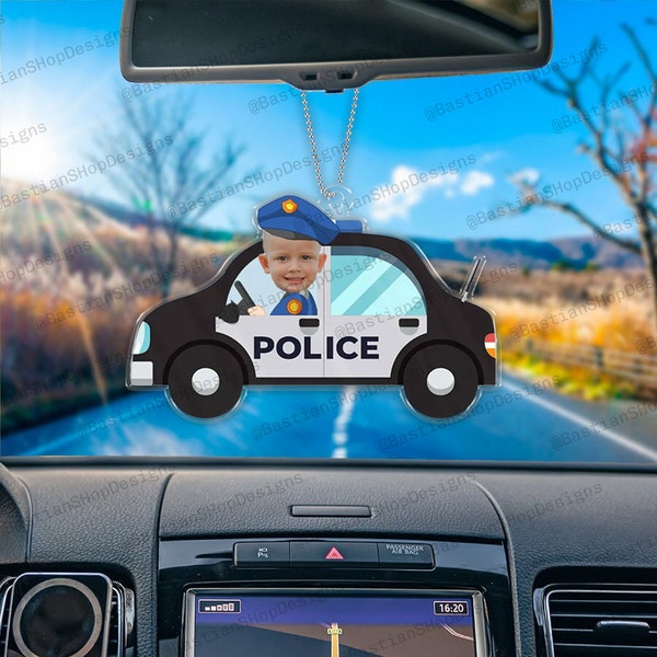 Personalized Baby Police Car Photo Ornament, Police Car Hanger, Kid's Picture Car Ornament, Custom Acrylic Baby Photo Car Hanging Decor