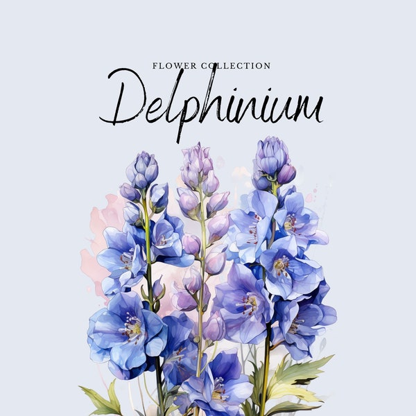 Watercolor Delphinium Clipart | Flower Collection - 10 Digital PNG Flowers - Watercolor Clipart Designs - Printables