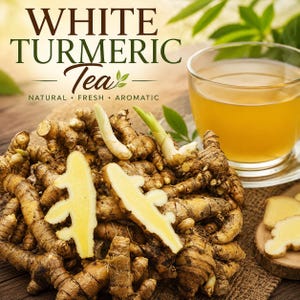 May include: Image of white turmeric tea. The image features a pile of raw white turmeric roots, some sliced to reveal the yellow interior, and a glass of golden tea. Text at the top reads "WHITE TURMERIC Tea" with the words "NATURAL FRESH AROMATIC" below.