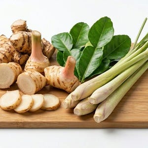 May include: A wooden cutting board displays fresh galangal, lemongrass, and kaffir lime leaves. The galangal is shown whole and sliced, with a light brown exterior and white interior. The lemongrass is green and white, and the leaves are a vibrant green.