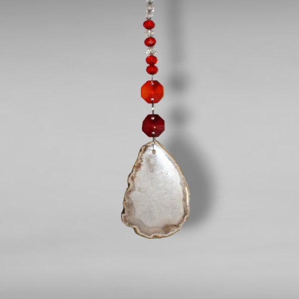 White Agate, Red Crystal Car Suncatcher, Hanging Window Charm, Gift Idea