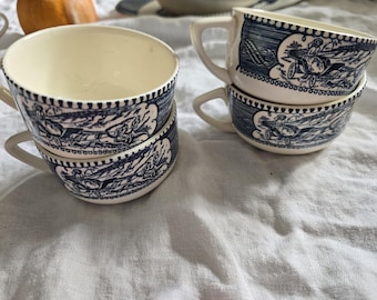 4 tazas de té/café planas vintage de Currier and Ives, de principios de invierno.