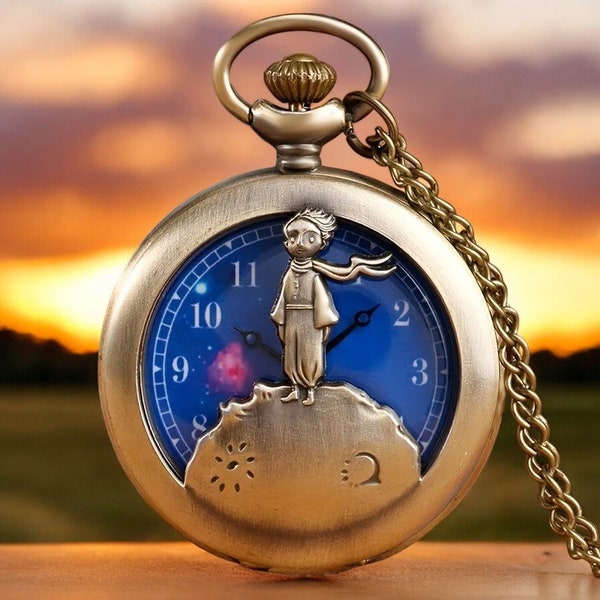 Collier montre à gousset Petit Prince - pendentif creux en bronze vintage, pièce d'horlogerie unique sur le thème de la littérature à offrir en cadeau