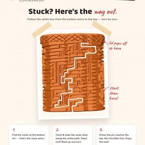 May include: A cylindrical 3D-printed puzzle box with a textured orange exterior featuring a complex maze pattern. A white line traces a path from the bottom to the top. Text includes Swayde 3D, Spoilers Inside, Stuck? Here's the way out, and instructions.