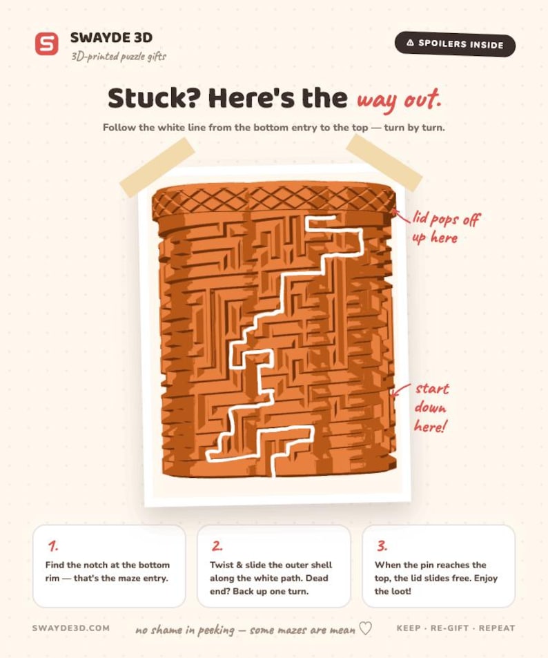 May include: A cylindrical 3D-printed puzzle box with a textured orange exterior featuring a complex maze pattern. A white line traces a path from the bottom to the top. Text includes Swayde 3D, Spoilers Inside, Stuck? Here's the way out, and instructions.