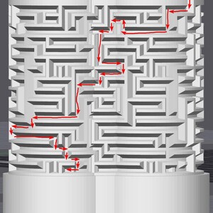 May include: A 3D-rendered white maze with a red path marked through it. The maze is rectangular and sits on a white cylindrical base. The red arrows indicate the solution to the maze.
