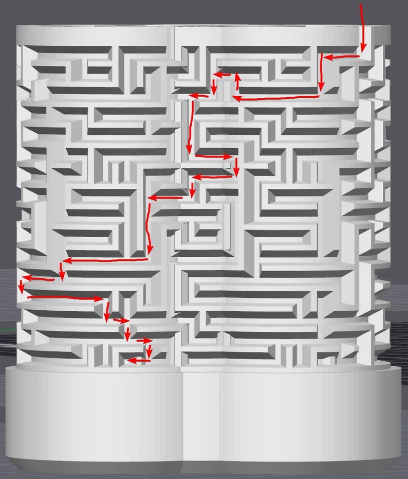 May include: A 3D-rendered white maze with a red path marked through it. The maze is rectangular and sits on a white cylindrical base. The red arrows indicate the solution to the maze.