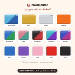 May include: A color guide chart displaying fourteen rectangular swatches with labels including Azure Blue, Gold, Silver, Orange, Blue/Green, Coral, Black/Red, Teal/Violet, Blue/Red, Blue, Purple, Pink, Red, and Black, with text indicating finish types.