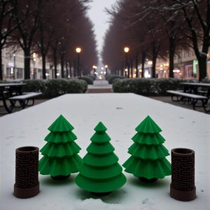 May include: Three green, stylized Christmas trees and two brown cylindrical objects with a maze pattern are arranged on a snow-covered surface. The background shows a snowy park with trees and streetlights.