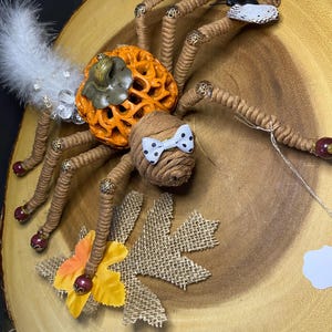 May include: A brown and tan spider made of twine with a pumpkin-shaped body and a white bow with black polka dots. The spider is decorated with burgundy beads, a burlap leaf, and a white butterfly with yellow accents.
