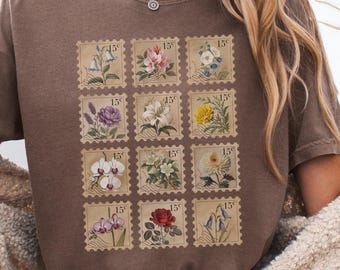 Vintage Blumen Briefmarke T-Shirt: Retro Komfort Farben Grafik Tee