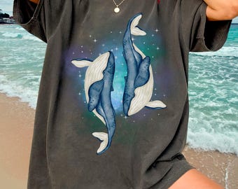 Whales In The Sky Shirt Watercolor Whale Tshirt Comfort Colors Vintage Sea Animal Graphic Tee Cotton Celestial Whale Shirt Ocean Lovers Gift