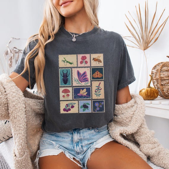 Vintage Postage Stamp T-Shirt: Retro Floral Insect Graphic, Comfort Colors Tee