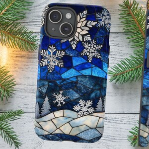 Stained Glass Effect Abstract Winter Landscape Aesthetic Phone Case Christmas Gift for Galaxy Pixel iPhone Winter Mountains Cute Phone Case