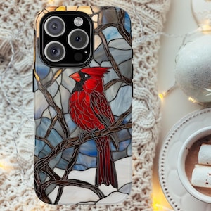Stained Glass Effekt Kardinalvogel Handyhülle Winter Faux Mosaik Niedliche Handyhülle Weihnachtsgeschenk für Galaxy Pixel iPhone Wintergeschenk