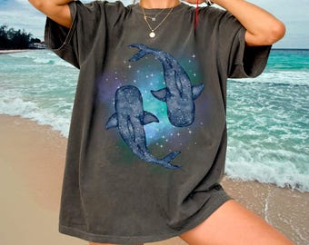 Whale Sharks In The Sky Shirt Watercolor Whale Tshirt Comfort Colors Shirt Vintage Sea Animal Graphic Tee Cotton Celestial Whale Shark Shirt