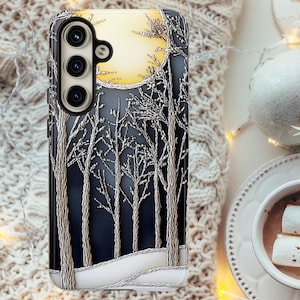 Embroidered Effect Winter Forest Aesthetic Phone Case Gift for Galaxy Pixel iPhone Winter Wood Cute Phone Case Winter Wonderland Case