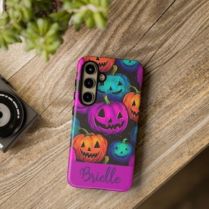 Personalized Scary Neon Pumpkins Phone Case iPhone Samsung and Pixel Phone Cases Custom Name Gift Fall Season Case Halloween Phone Case Gift