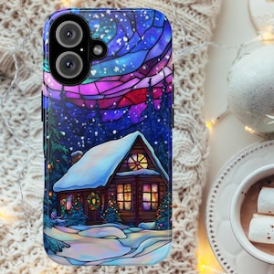 Stained Glass Effect Magical Winter Wonderland Aesthetic Phone Case Christmas Gift for Galaxy Pixel iPhone Cozy Cottage Cute Phone Case