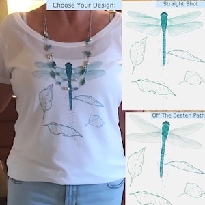 Women&#39;s White Tee Scoop Neck Dragonfly - Choose Your Design!