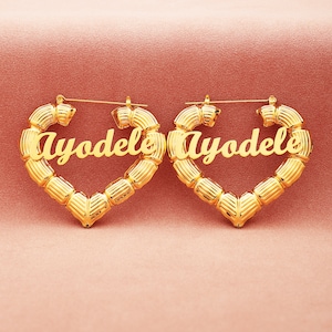 Custom Heart Bamboo Earring, Name Bamboo Earrings, Gold Bamboo