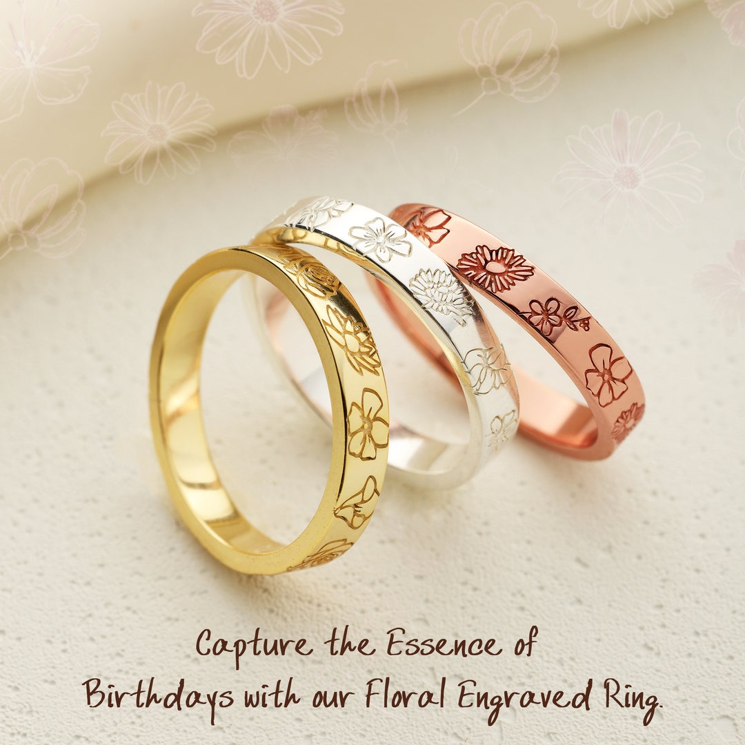 Custom Birth Flower Ring, Engraved Floral Ring, Birth Month Flower ...