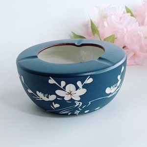 Hand-Painted Japanese Style Ceramic Ashtray - Blue Floral Design | 14cm Pottery Ashtray for Home Decor or Gift, Japanese Ashtray,