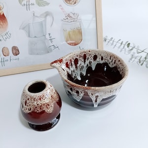 Chawan Tea Bowl, Matcha Tea Bowl, Ceramic Matcha Bowl with Spout & Bamboo Whisk Stand, Matcha Brewing Cup Whisk Holder Set,Japanese Tea Bowl