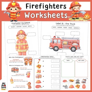 Könnte beinhalten: Ein farbenfrohes Arbeitsblatt-Set für Kinder mit dem Thema Feuerwehr. Die Arbeitsblätter umfassen Beschriftungsaktivitäten, Zuordnungsübungen und Illustrationen von Feuerwehrautos, Ausrüstung und Sicherheitsszenarien. Der Text enthält "Firefighters Worksheets".